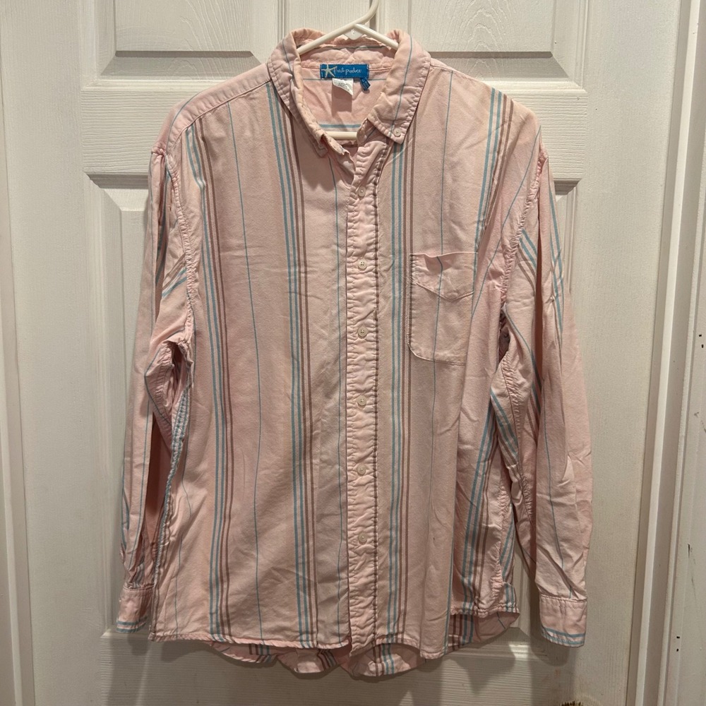 Fresh Produce Mens Long‎ Sleeve Button Down Shirt Pink Blue Stripe Sz L Beach